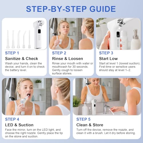 Tonsil Stone Remover, 12-in-1 Tonsil Stone Removal Kit with 5 Adjustable Suction Levels, Built-in LED Light, One-Touch Pause, 5X Magnifying Mirror, Electric Vacuum Suction Tool for Oral Care White