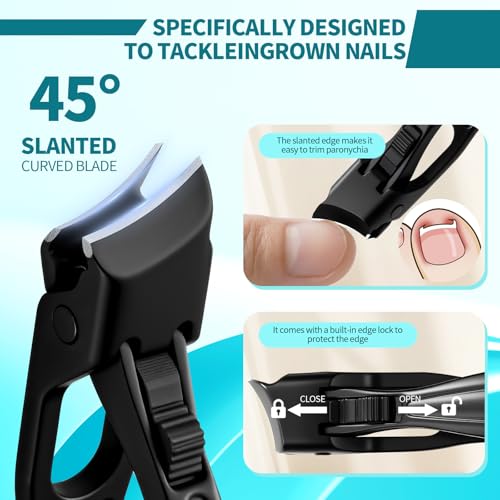 Upgraded ingrown toenail Clippers Set for Thick Nails for Seniors Ergonomic Angled Head and Heavy-Duty Long Handle for Thick Nails, Wide Jaw Nail Cutter with Catcher for Women and Men Curved handle set