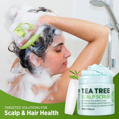 Roycederm Tea Tree Scalp Scrub with Scalp Massager Brush – Deep Cleansing & Exfoliating Pre-Shampoo Treatment for Dry, Flaky Scalp – Gently Refreshes, Hydrates & Balances Scalp