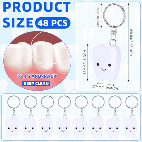 Landical 48 Pcs Mini Dental Floss Keychain Bulk Tooth Shaped Portable Teeth Floss Cleaning for Homeless Party Favors Travel Donated Gifts Teeth Cleaning Oral Care Mint Flavor 15 M /16. 4 Yard
