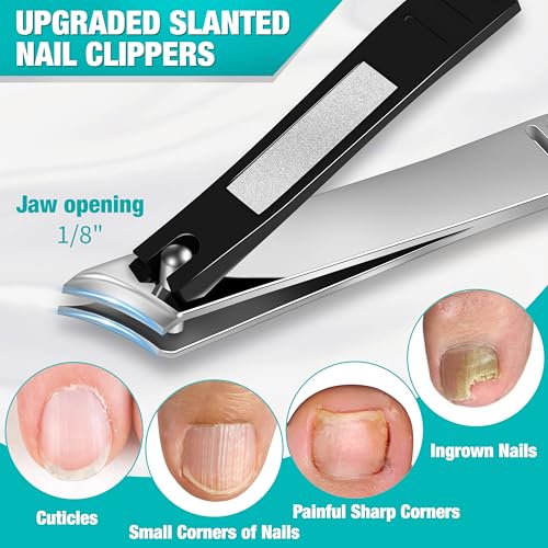 Toenail Clippers for Seniors Thick Toenails Angled Head Large Toe Nail Clippers Set Heavy Duty Ingrown Toenail Clippers with Long Handle Ultra Sharp Slanted Nail Cutter Wide Jaw 6Pcs Black