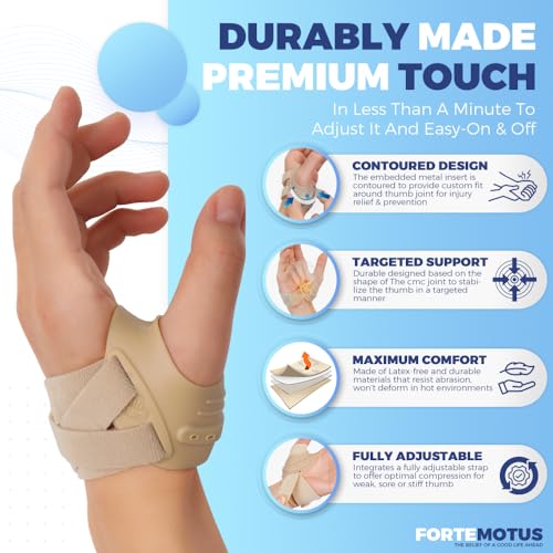 FORTEMOTUS CMC Thumb Brace - CMC Joint Support Stabilizer: for Thumb Joint Pain, Tendonitis, Osteoarthritis, Instability, Lightweight & Adjustable Thumb Support Brace for Men Women Beige, Left Hand Beige - Left Hand Small