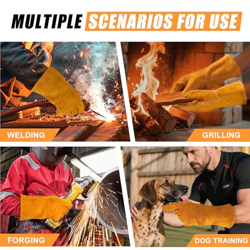 14IN Welding Gloves 932℉ Fire & Heat Resistant - Premium Leather Forge Gloves for Welder, Blacksmith, Fireplace, Wood Stove, Fire Pit, Grilling, Furnace 14IN Brone