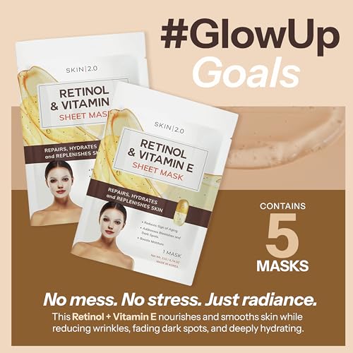 Skin 2.0 Retinol & Vitamin E Sheet Mask - Anti-Aging, Acne Scar & Hyperpigmentation - Hydrating, Dermatologist Tested Korean Skincare - Clean Beauty, Cruelty-Free, All Skin Types - 5 Masks Retinol and Vitamin E