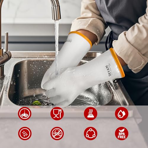 DEYAN Silicone BBQ Grill Gloves, Heat Resistant Oven Mitts,9/L White 9/L