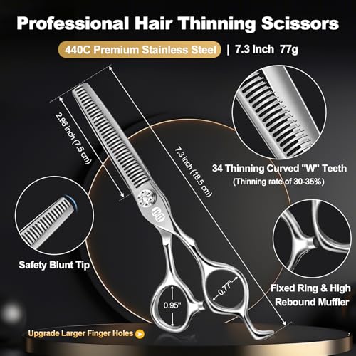 CIICII Professional Hair Cutting Scissors Kit, 440C 7″ Barber Shears Set 7.3 Inch Silver Hair Scissors Kit