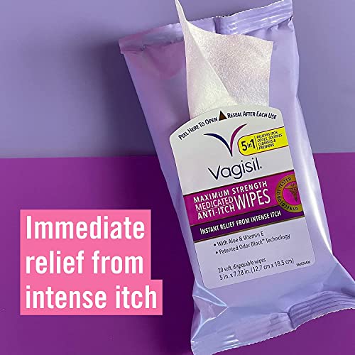 VAGISIL Anti-Itch Medicated Feminine Wipes, Max Strength, 20 Wipes (1 Pack) Anti-Itch Medicated Wipes 20 Count (Pack of 1)