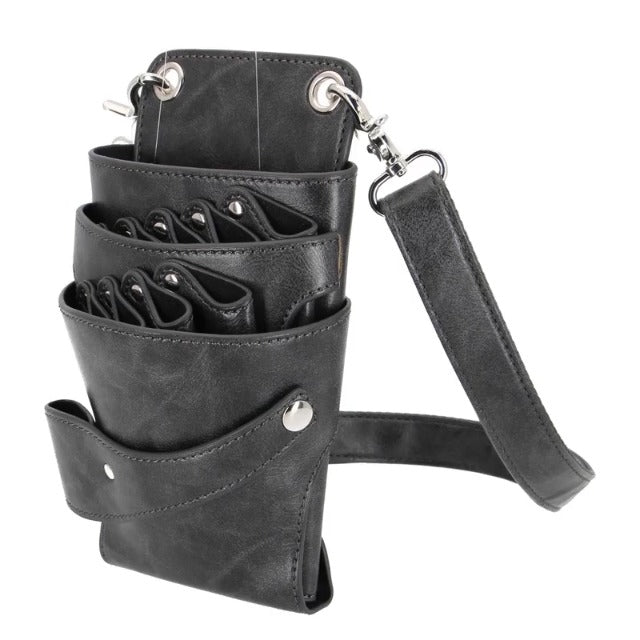 Scissors Bag- Soft Leather Salon Barber Hairdressing Scissor Shears Holster Hair Stylist Tools Bag with Waist Shoulder Belt Grey