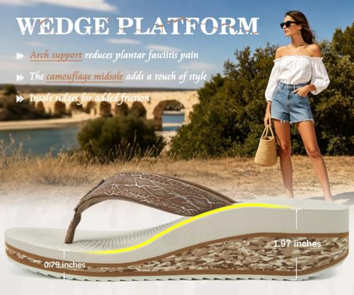 KuaiLu Womens Platform Flip Flops Arch Support Yoga Mat Boho Dressy Sandal 8 Khaki Beige