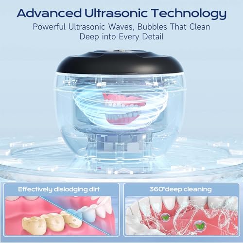 Ultrasonic Retainer Cleaner(2026 Upgraded), 45kHz Cleaning Machine for Dentures, Mouth Guards, Braces, Toothbrush & Jewelry, 200ML Denture Cleaner with 4 Modes for Dental Care Dark Black