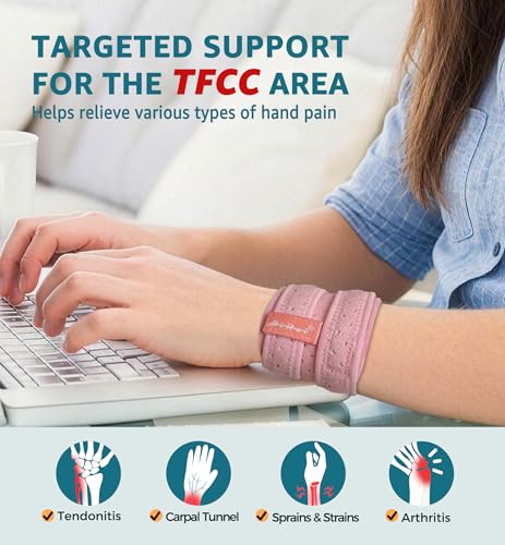 HiRui Wrist Brace for TFCC Tears, Adjustable Wristband Wrist Wraps Support for Fitness Weightlifting Tennis Tendonitis Carpal Tunnel Arthritis Pain Relief, One Size Adjustable (Pink, 2 Pack) Pink, 2 Pack