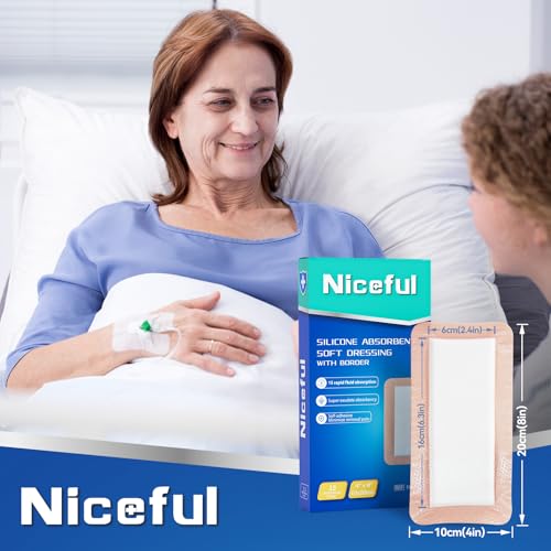 Niceful Super Absorbent Silicone Dressing 4"x8" 15Pcs for Post Surgery 4"x8" (15PCS) Self-Adhesive