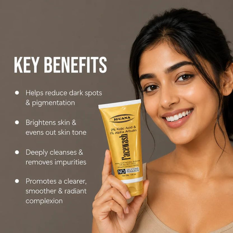 Iguana Skin Brightening Face Wash for Men & Women, Deep Cleansing Daily Face Cleanser, Helps Improve Dull & Uneven Looking Skin, Refreshing Glow Face Wash for All Skin Types, 100ml FACEWASH KOJIC