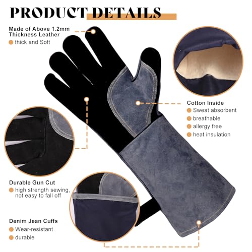 16" Leather Forge Welding Gloves, 932℉ Heat/Fire Resistant, Multi-Use Mitts for TIG/MIG Welding, BBQ, Oven, Baking, Furnace, Beekeeping, Animal Handling & Stove Safety，Ambidextrous Large Crey