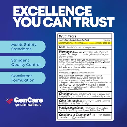 GenCare Nighttime Sleep Aid Diphenhydramine HCl 50mg, 96 Ct (2-Pk) 96 Softgels (Pack of 2)