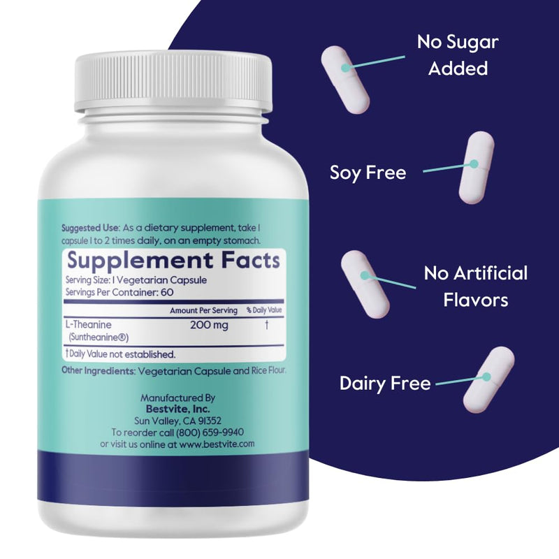 BESTVITE Double Strength Suntheanine L-Theanine 200mg – Patented & Clinically Studied – 120 Vegetarian Capsules (2 x 60) – Vegan – No Stearates – Non GMO – Gluten Free – Relaxation Support 120 Count (Pack of 1)