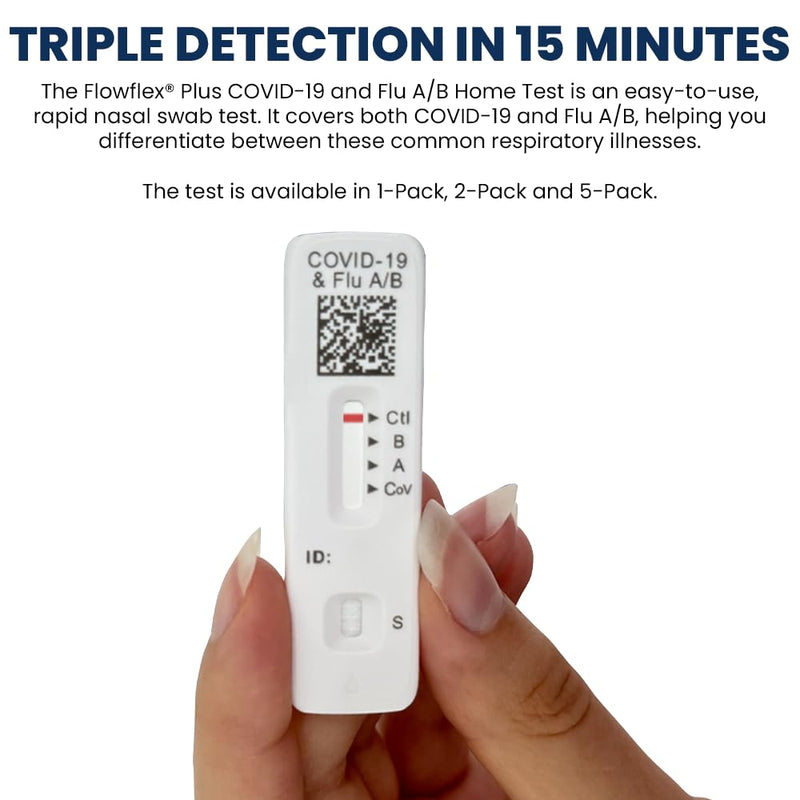 COVID & Flu Home Test by Flowflex Plus, Rapid Results in 15 Minutes, Trusted OTC COVID-19 & Flu A/B Testing Kit, FSA and HSA Eligible, Easy to Use & No Discomfort, 1 Pack 1 Test 1 Pack, 1 Test