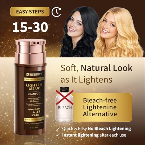 HERBBY Hair Lightening Shampoo, Bleach-Free with 9 Herbals Formula for Lightening Black, Dark & Medium Hair Colors – Instant Lightening with each use, No Damage – 250ml