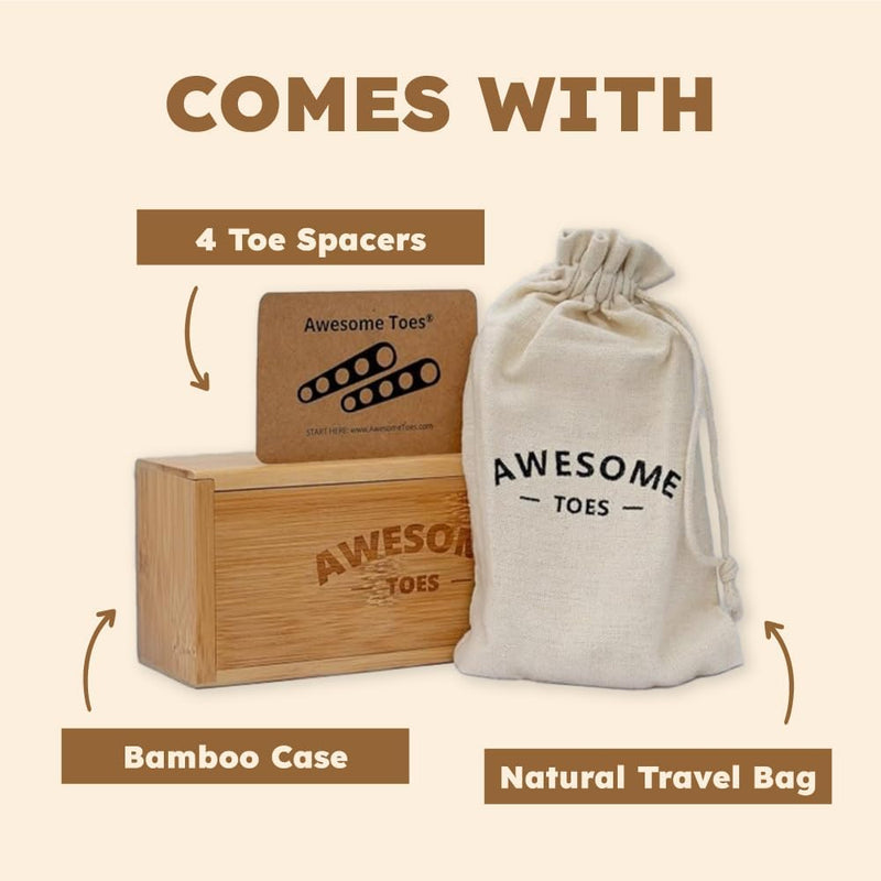 Awesome Toes Spacers & Separators, Fast Pain Relief from Hammertoe & Bunions, Two Pairs in Stylish Wooden Box, Latex-Free Rubber Toe Stretchers Used for Walking, Running & Yoga Practice Small & Medium Kit