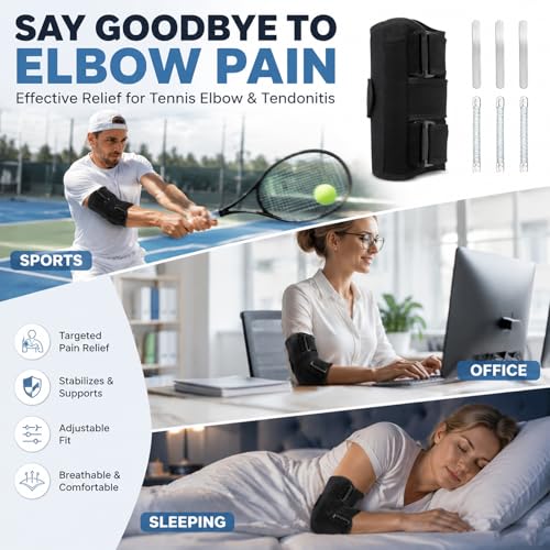 2026 Upgraded Elbow Brace for Cubital Tunnel with Tri-Support & 6 Interchangeable Rods - Ulnar Nerve Support Adjustable Night Splint for Tendonitis, Tennis Elbow for Men & Women
