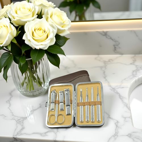 Manicure Set for Men and Women Professional Nail Clippers Kit with Travel Case Stainless Steel Pedicure Grooming Tools Accessories Nail Care Tools with Leather Case,Mothers Day Brown-8pcs