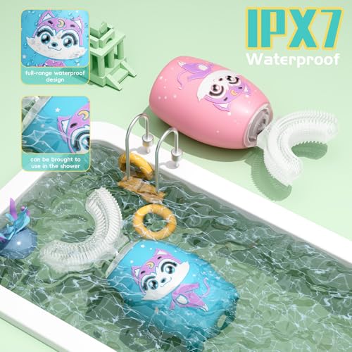 Kids U-Shaped Electric Toothbrush, Rechargeable Kids Toothbrush with 4 Brush Heads, 2 Cleaning Modes, Cartoon Cat Design, IPX7 Waterproof (Ages 2–12) Blue