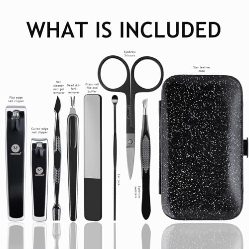 HANTEKAS Manicure Pedicure Set 8pcs Stainless Steel Nail Clippers Kit Fingernail Toenail Clippers Cutters with Leather Case for Home Workplace Outdoor Travel Salon Gift for men women family friends
