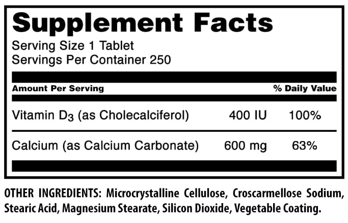 Amazing Formulas Calcium 600 Mg with Vitamin D3 400 IU Tablets Supplement - Non-GMO - Gluten Free - Made in the USA - 1 Pack 250 Count Unflavored | 250 Count | 1 Pack
