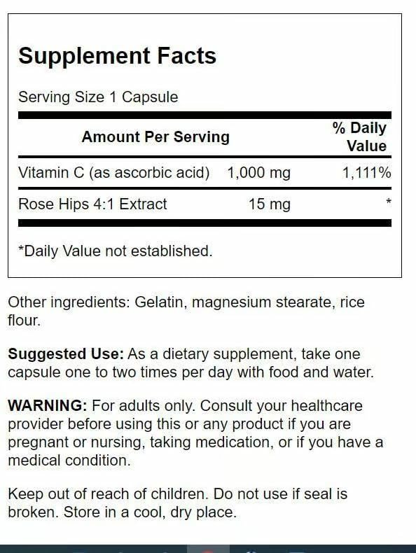 Swanson Vitamin C with Rose HIPS Immune System Support Skin Cardiovascular Health Antioxidant Supplement 1000 mg 250 Capsules (Caps) (3 Pack) 250 Count (Pack of 3)