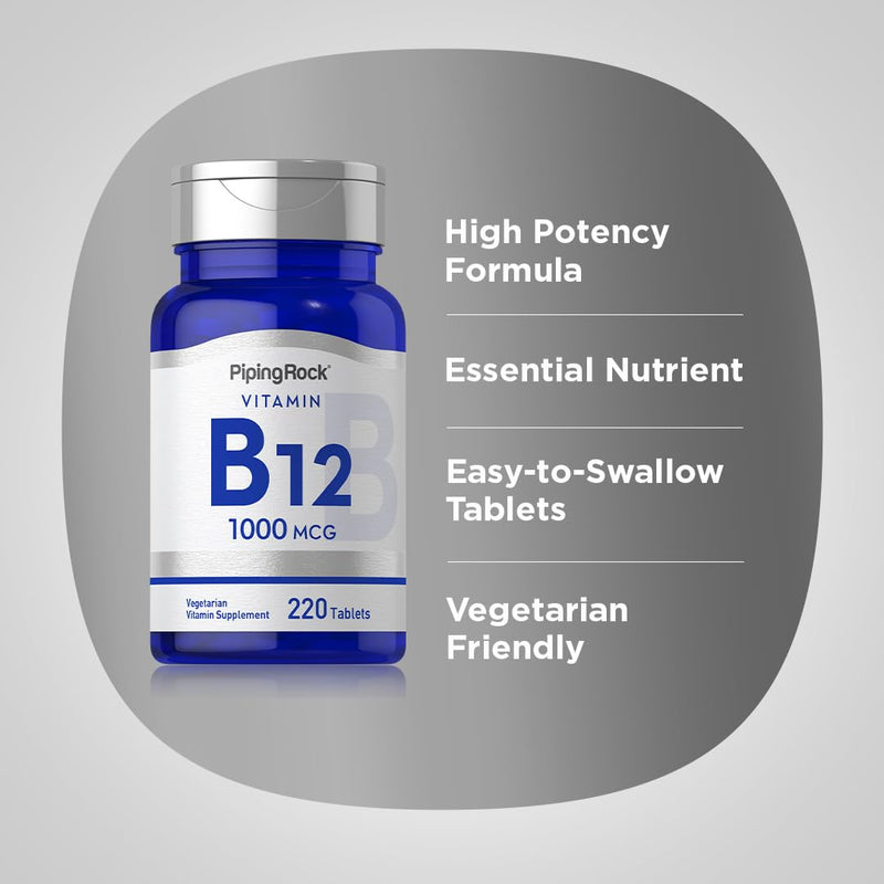 Piping Rock Vitamin B12 1000 mcg | 220 Tablets | as Cyanocobalamin | Vegetarian, Non-GMO, Gluten Free Supplement