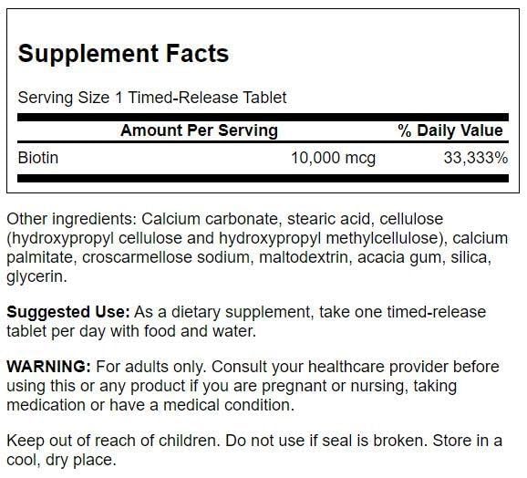 Swanson Timed-Release Biotin 10,000 mcg for Hair and Nails, 60 Tablets | Important Nutrient for Metabolism; Provides Specific Nourishment to Hair, Skin and Nails for Everyday Beauty Support 60 Count (Pack of 1)