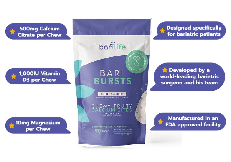 Calcium Citrate Bariatric Calcium Chews with 1000 IU Vitamin D3 - Ideal for Bariatric Patients - BariBurst by Bari Life (Sour Grape) Sour Grape 90 Count (Pack of 1)