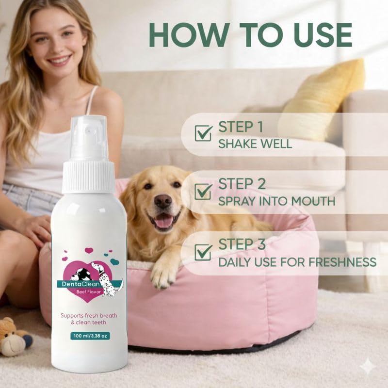 DentaClean Spray for Dogs & Cats, No-Brush Plaque & Tartar Remover, Breath Freshener, Dentaclean for Dogs, Supports Daily Denta Hygiene, Easy Spray Use, 100ml