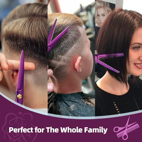 ETHTXE 9Pcs Professional Hair Scissors Set, Stainless Steel Barber Supplies 3-scissors set Purple