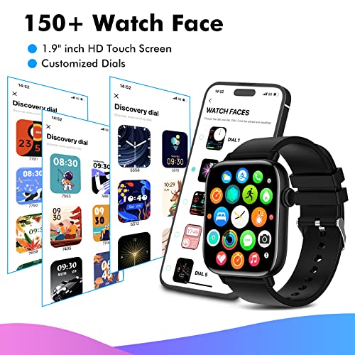 Smart Watch for Android iPhone, 1.9" Fitness Tracker with (Answer/Make Calls) IP 67 Waterproof Sport Digital Watches, Blood Pressure Heart Rate Monitor Step Counter Sleep Tracker Black
