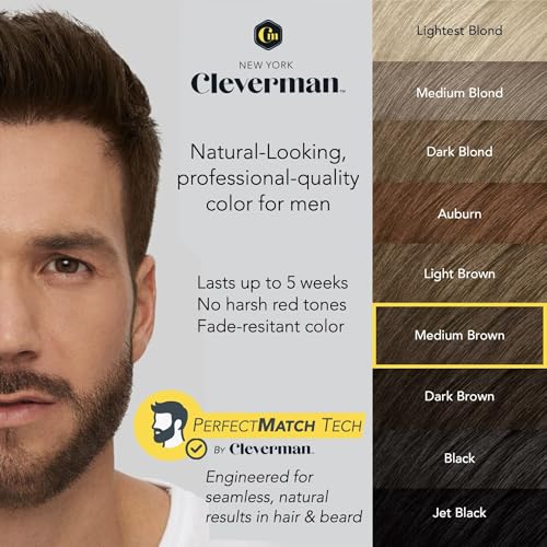 Reusable Hair & Beard Dye for Men – Medium Brown | Up to 5 Uses, 7 Minutes | Natural Gray Coverage, No-Drip Cream with SkinArmour – Cleverman 2 Ounce (Pack of 1)