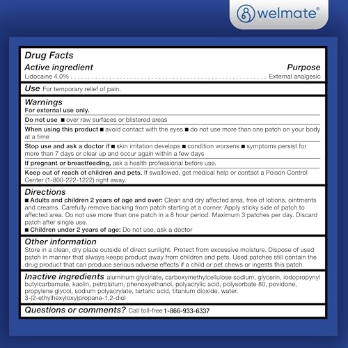 WELMATE 4% Lidocaine Pain Relief Patch Maximum Strength, 30 Count 30 patches