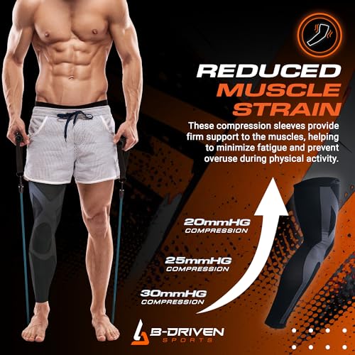 B-Driven Sports Full Leg Compression Sleeves, Graduated Compression 20-30mmHg, Thigh to Ankle, Medical Grade, Calf, Knee, Varicose Veins, Running, Sports, Men & Women - 1 Pair Medium