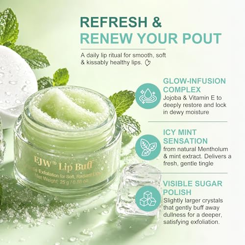 Cooling Mint Lip Scrub – Deep Exfoliating Sugar Polish with Aloe, Jojoba Oil & Vitamin E – Smooths Rough Lips & Revives Dull Texture, Lightweight Finish – Vegan & Cruelty-Free Refreshing Mint 0.88 Ounce (Pack of 1)