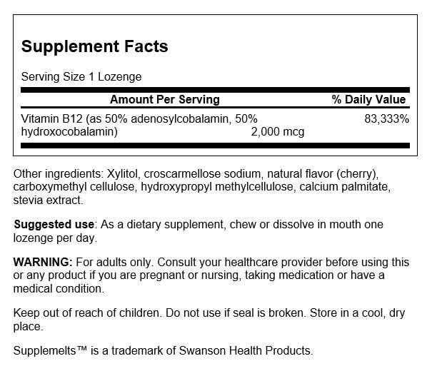 Swanson Supplemelts Sublingual Activated Vitamin B-12 60 Tabs | Supports Energy Metabolism, Essential for a Healthy Nervous System and Vital for Red Blood Cell Formation, Vegetarian