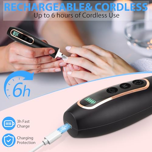 Professional Manicure Pedicure Kit, Cordless Electric Nail File Set, 360° LED Light Nail Drill Machine with LCD Display, 10 Speeds Rechargeable Nail Drill for Gel Nail Thick Toe Nails Christmas Gifts Black-1 Pack