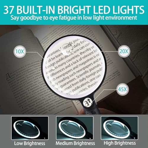 Large Magnifying Glass with 37 LED Light, 10X 20X 45X Handheld Illuminated White & Black Magnifier with Light (No Case)