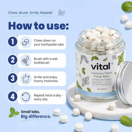 Vital Toothpaste Tabs with 7% Nano-Hydroxyapatite | Naturally Whitens + Remineralizes Teeth | Fluoride & Plastic Free | Combats Sensitivity | Travel & Eco Friendly | Fresh Mint | 248 Tablets (4 Month) 248 Count (Pack of 1)