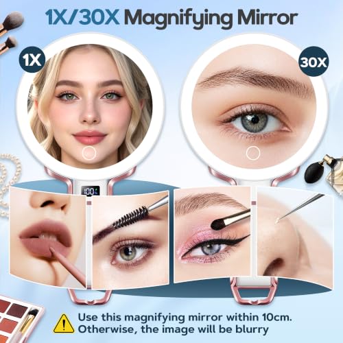 30X Travel Magnifying Mirror with Light, Height Adjustable Vanity Mirror with Phone Holder Stand, Portable Compact Handheld Makeup Mirror with Smart Display for Travel, Daily Makeup Use, Rosegold