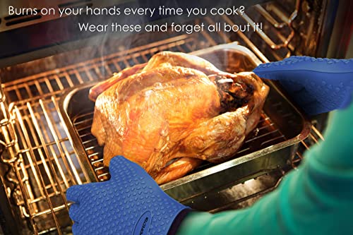 KITCHEN PERFECTION Silicone Smoker BBQ Gloves - Heat Resistant Oven Mitts Classic Blue One Size Fits Most