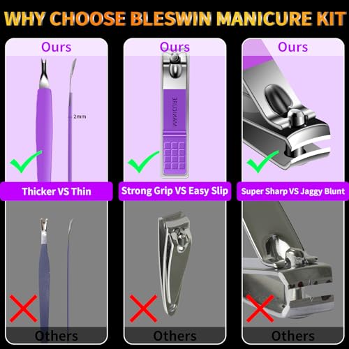 Manicure Set 16Pcs Professional Stainless Steel Pedicure Kit Mens Grooming Kit Fingernail & Toenail Clippers Set Manicure Kit with Luxurious Travel Bag, Sharp Nail Scissors and Clipper (Purple) 16Pcs-Purple