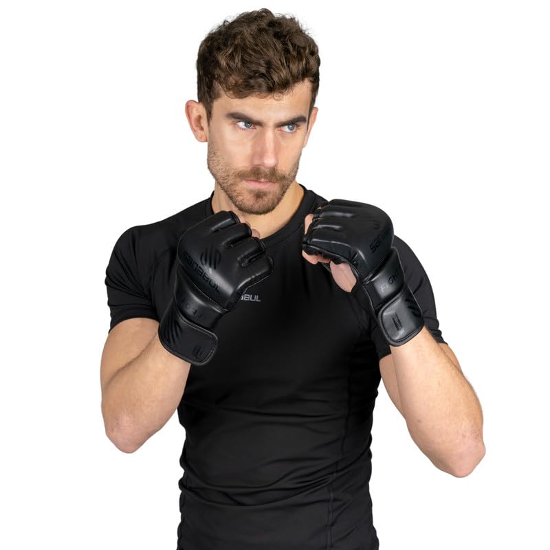 Sanabul Essential 4oz MMA Gloves for Men & Women, Professional Fighting Boxing Muay Thai Kickboxing Gloves for Sparring Grappling and Training AllBlack Small-Medium