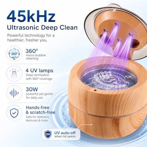 Voraiya Dental Ultrasonic Retainer Cleaner Machine, 45kHz Denture Cleaning Pod with 4 Modes Digital Timer for Aligner, Toothbrush, Mouth Night Guard, Braces, Jewelry, Ring (Dark Brown) Light Brown