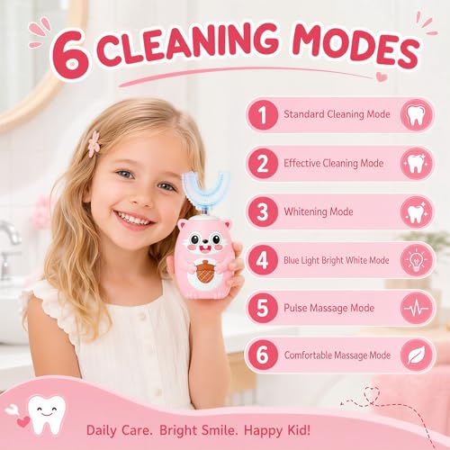 Kids U-Shaped Automatic Electric Toothbrush, Children’s 360° Mouthpiece Design for Full-Mouth Cleaning, 3 Cleaning Modes, Cute Animal Squirrel Style Pink