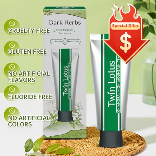 Twin Lotus Chiangrai High Mountain Tea Toothpaste, Orange Jasmine,Green Tea Extract,Fluoride Free,Teeth Whitening,Thai Oral spa,3.52oz 3 Pks,for Teeth Care Tea polyphenols
